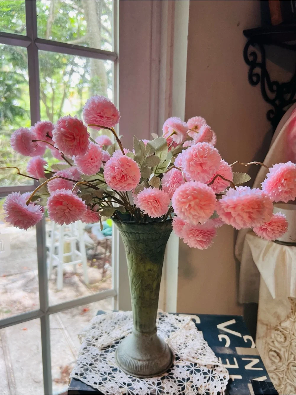 Vintage Pink Pom-Pom Floral Arrangement in Aged Patinated Green “Florists” Vase - Picture 7 of 11